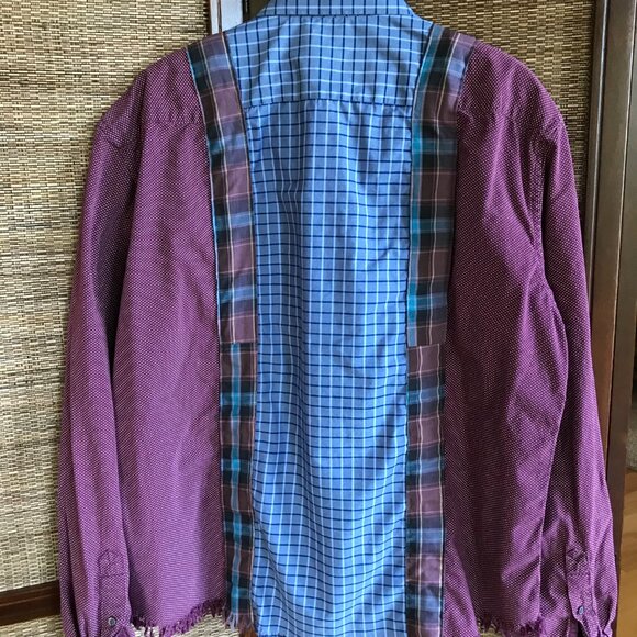 Upcycled Patchwork Button-Down Shirt, Size M-L: Boho Blue Purple Polka Dot Top - Picture 13 of 15